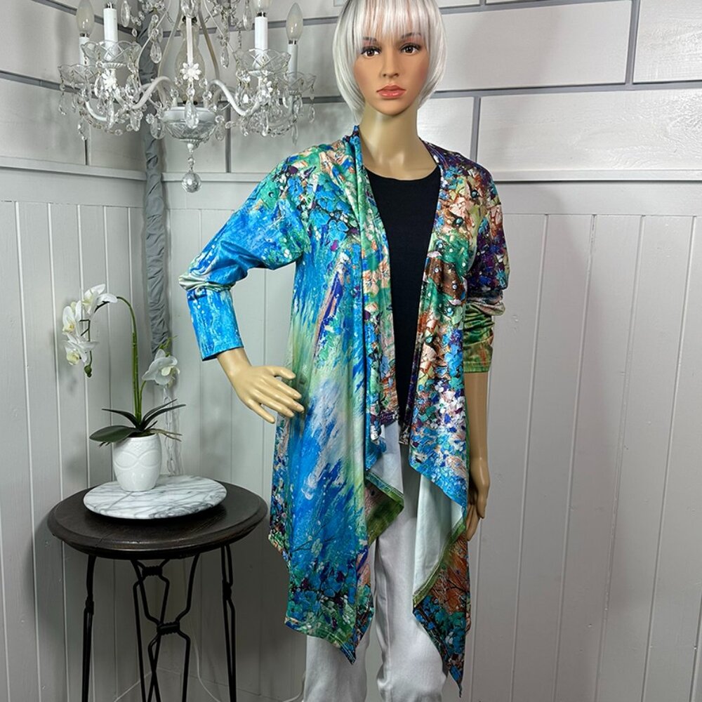 HOT SALE! NEW Slimming Long Colorful Blue Waterfall Jacket  XXL Runs small!